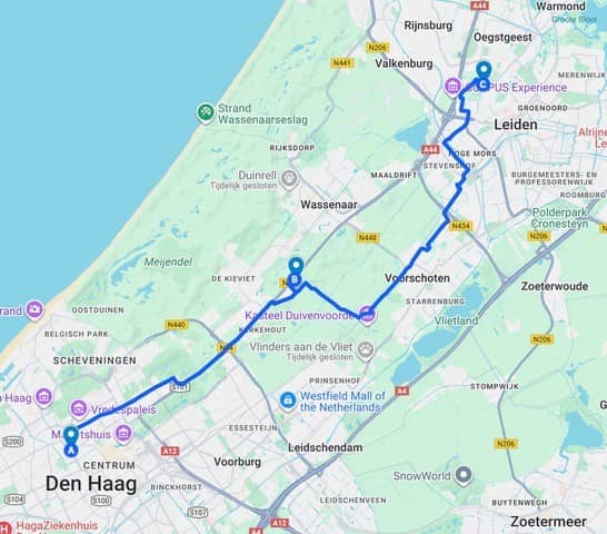 Kaart van de fietsroute van Den Haag naar Leiden